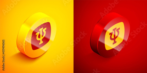 Isometric Psychology icon isolated on orange and red background. Psi symbol. Mental health concept, psychoanalysis analysis and psychotherapy. Circle button. Vector