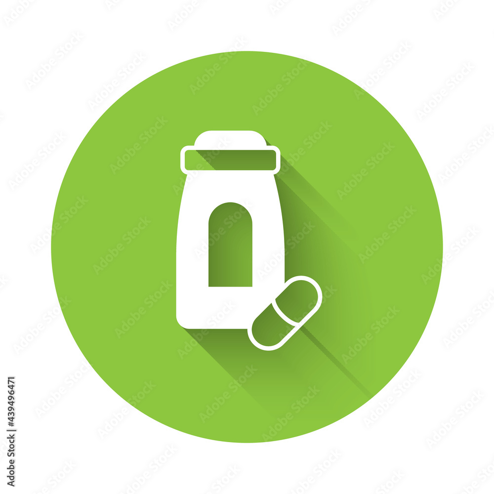 White Sedative pills icon isolated with long shadow background. Green circle button. Vector White Sedative pills icon isolated with long shadow background. Green circle button. Vector