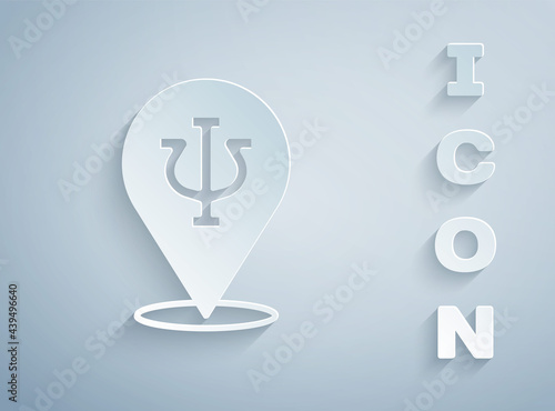 Paper cut Psychology icon isolated on grey background. Psi symbol. Mental health concept, psychoanalysis analysis and psychotherapy. Paper art style. Vector