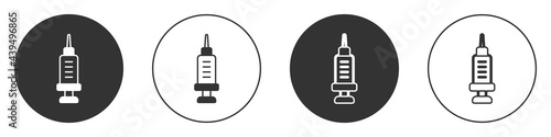 Black Addiction to the drug icon isolated on white background. Heroin, narcotic, addiction, illegal. Sick junkie with a syringe and medical pills. Circle button. Vector