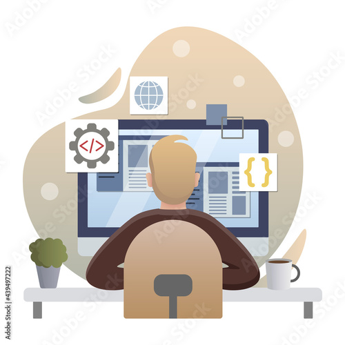 Programming. Isolated flat style colored illustration. Cloud storage, online base, marketing solution. Programmer in front of the monitor.