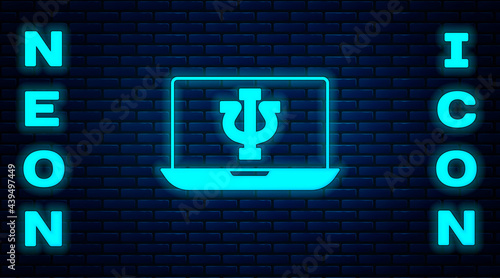 Glowing neon Online psychological counseling distance icon isolated on brick wall background. Psychotherapy, psychological help, psychiatrist online consulting. Vector