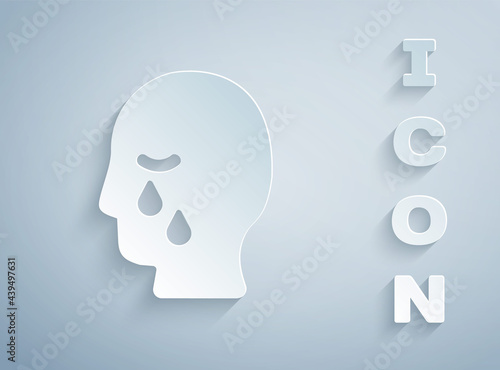 Paper cut Man graves funeral sorrow icon isolated on grey background. The emotion of grief, sadness, sorrow, death. Paper art style. Vector