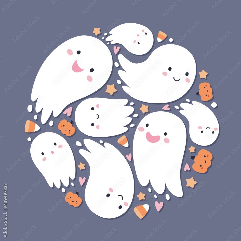 Halloween circle ornament with cute ghosts, pumpkins, and candy corns. Cartoon style vector illustration. Halloween circle ornament with cute ghosts, pumpkins, and candy corns. Cartoon style vector illustration.