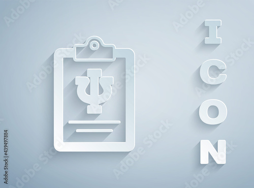 Paper cut Psychology icon isolated on grey background. Psi symbol. Mental health concept, psychoanalysis analysis and psychotherapy. Paper art style. Vector