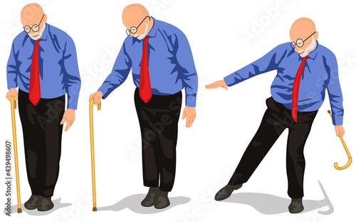 Grandfather with Walking Stick - Set of Three Illustrations Isolated on White Background, Vector 