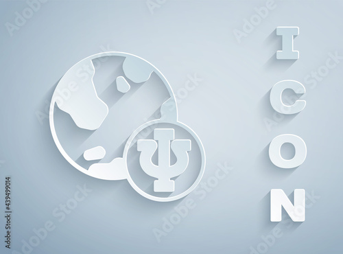 Paper cut Psychology icon isolated on grey background. Psi symbol. Mental health concept, psychoanalysis analysis and psychotherapy. Paper art style. Vector