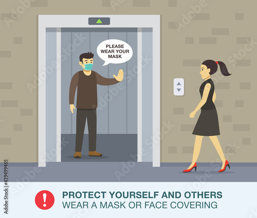 Young male character wearing a medical mask makes a stop gesture with his hand. Wear a mask or face covering in elevators rule. Flat vector illustration template.