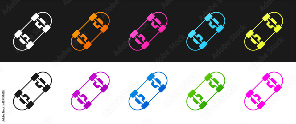Set Skateboard icon isolated on black and white background. Extreme sport. Sport equipment. Vector