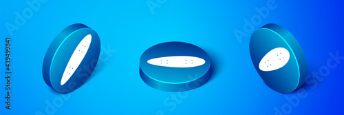 Isometric Longboard or skateboard cruiser icon isolated on blue background. Extreme sport. Sport equipment. Blue circle button. Vector