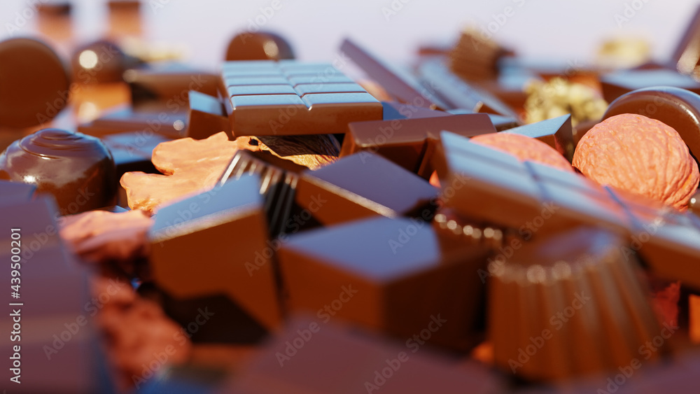 Chocolate pieces, shavings, candy, nut and cocoa beans on wooden background