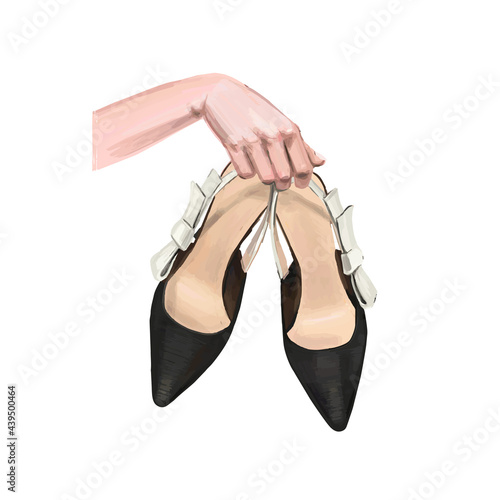 Beautiful girl holding fancy shoes. Hand drawn fashion illustration.