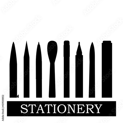 Stationery silhouette. Logo. Background for advertising a store  company. illustration. Isolated on a white background. Pencils  pens  felt-tip pens  brushes. Vector