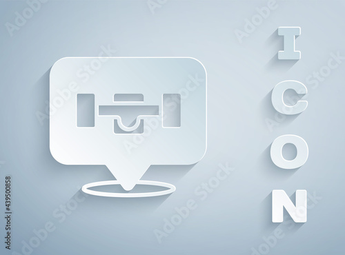 Paper cut Skateboard wheel icon isolated on grey background. Skateboard suspension. Skate wheel. Paper art style. Vector
