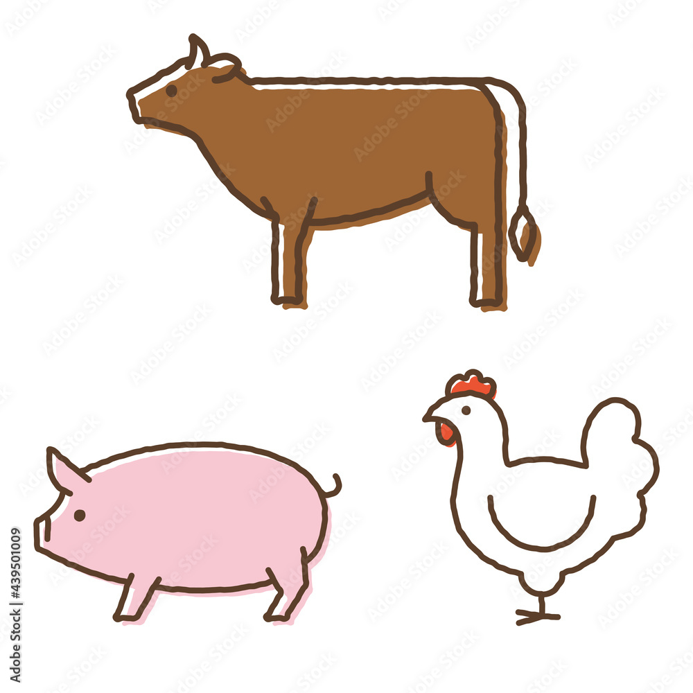 Cow, pig, and chicken icons 牛、豚、鶏のアイコン Cow, pig, and chicken icons 牛、豚、鶏のアイコン
