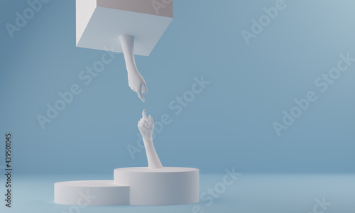 Mannequin hands reaching towards each other. White female hands ion the blue background . 3d render illustration