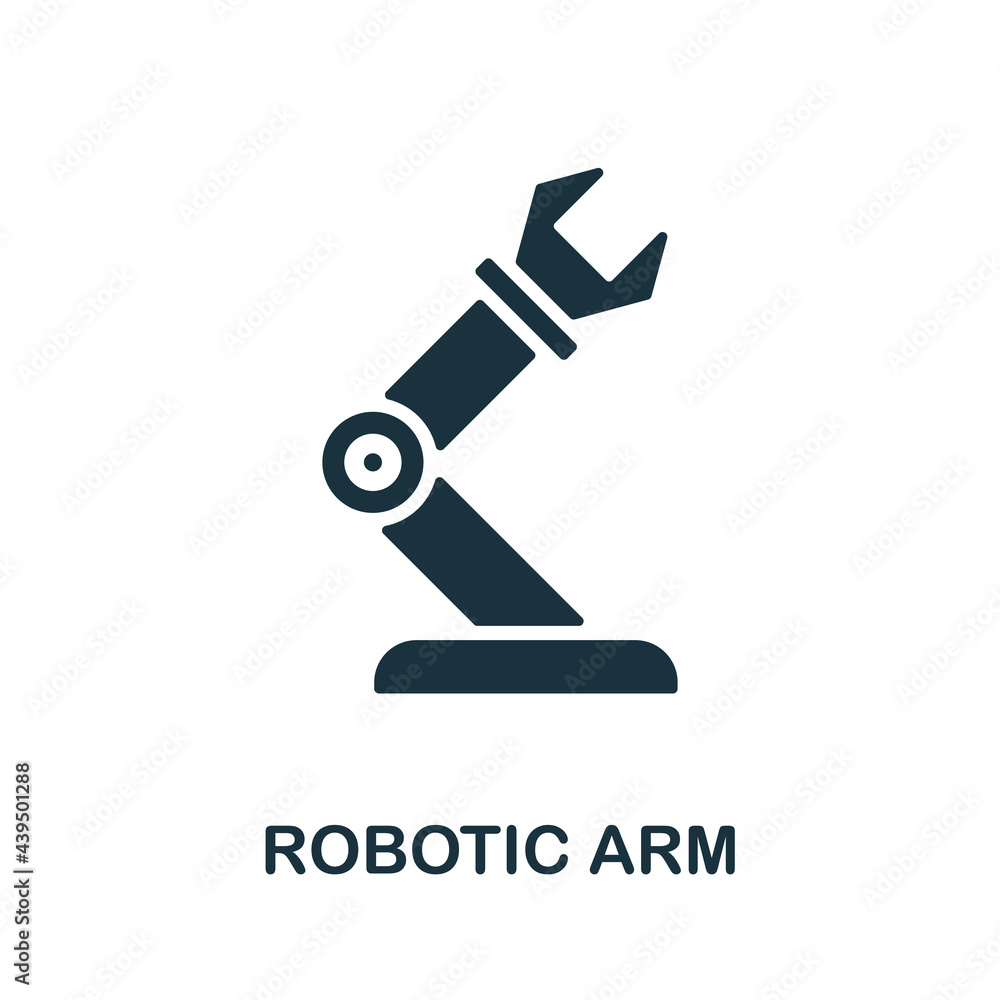 Robotic Arm icon. Monochrome simple element from manufacturing collection. Creative Robotic Arm icon for web design, templates, infographics and more Robotic Arm icon. Monochrome simple element from manufacturing collection. Creative Robotic Arm icon for web design, templates, infographics and more