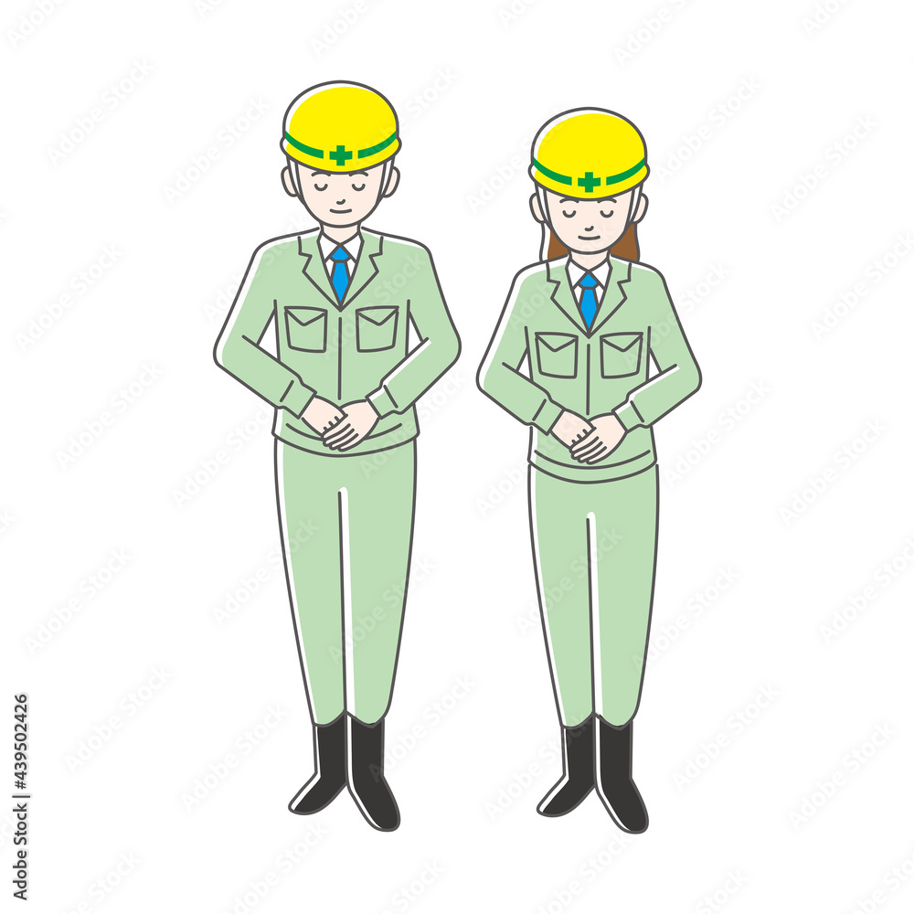 お辞儀をしている工事現場での男女作業員のイラスト素材 お辞儀をしている工事現場での男女作業員のイラスト素材