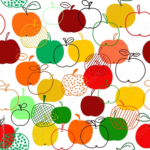 Seamless pattern of apples of different shapes and colors. illustration is hand-drawn in the style of a doodle, digital illustration. Ready design for fabric, clothing, gift paper and other items.