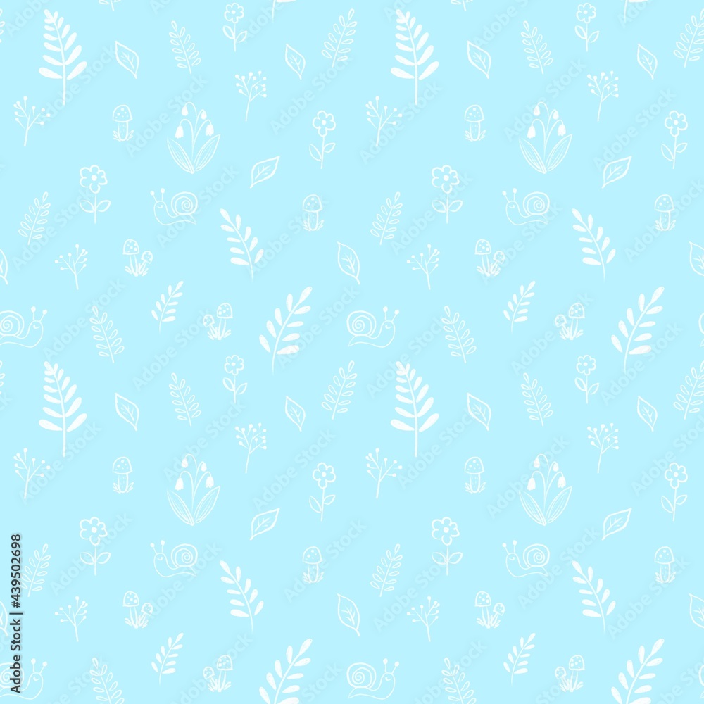A seamless pattern with a nature theme. Twigs, cepes, snail, and more are hand-drawn in a doodle style. Ready design for fabric paper, clothing and other items. A seamless pattern with a nature theme. Twigs, cepes, snail, and more are hand-drawn in a doodle style. Ready design for fabric paper, clothing and other items.