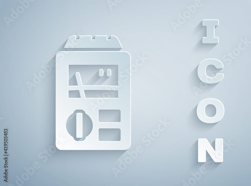 Paper cut Dosimeter for measuring radiation icon isolated on grey background. Gamma radiation personal dosimeter. Paper art style. Vector