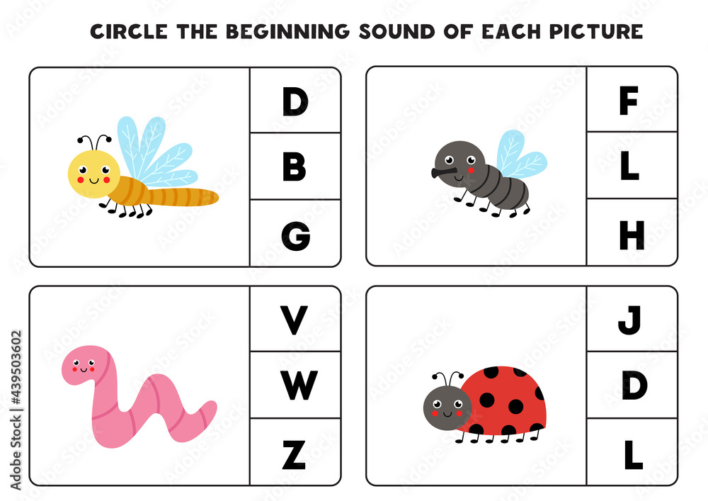 Worksheet for kids. Find the beginning sound. Cute insects.