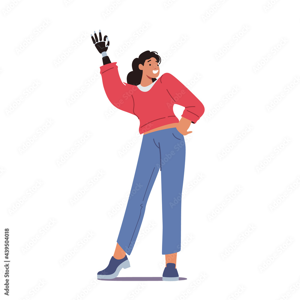 Disabled Woman Character Show Ok Gesture with Robotic Hand Prosthesis. Patient Rehabilitation after Accident, Amputation Disabled Woman Character Show Ok Gesture with Robotic Hand Prosthesis. Patient Rehabilitation after Accident, Amputation