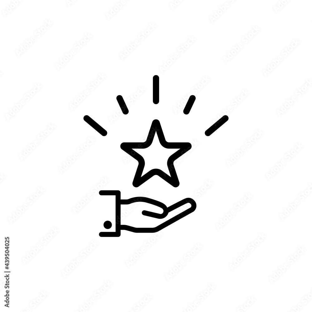 Palm with a shining star above the hand icon. Gifts or bonuses for a regular customer. Loyalty program. Isolated symbol sign for: illustration, outline, logo, design, web, dev ui ux gui. Vector EPS 10 Palm with a shining star above the hand icon. Gifts or bonuses for a regular customer. Loyalty program. Isolated symbol sign for: illustration, outline, logo, design, web, dev ui ux gui. Vector EPS 10