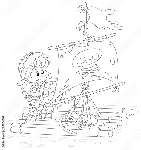 Happy little boy playing pirate on a raft with a sail with Jolly Roger and a toy steering wheel on a small lake on summer vacation, black and white vector cartoon illustration for a coloring book