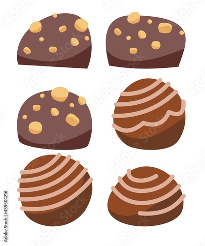 Set. Chocolate candies. Assorted brown dessert. In nuts and cream pattern. Delicious treats. Flat cartoon background illustration. Vector