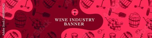 Wine tasting banner. Vector pattern with winemaking illustration set. Hand-drawn background for winery, wine shop, viticulture wallpaper, banner biodynamic wines. Bottle-screw, barrel, grape, stopper.