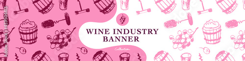 Wine tasting banner. Vector pattern with winemaking illustration set. Hand-drawn background for winery, wine shop, viticulture wallpaper, banner biodynamic wines. Bottle-screw, barrel, grape, stopper.