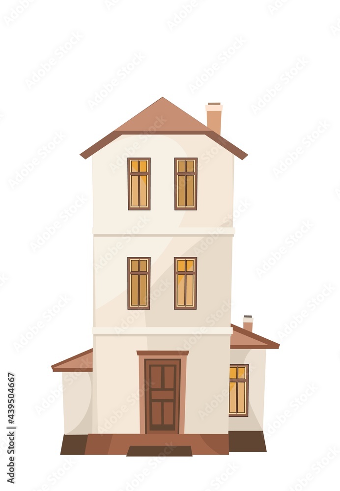 Cartoon three-storey house. Cozy simple rural dwelling in a traditional European style. Sweet home. Isolated on white background. Vector