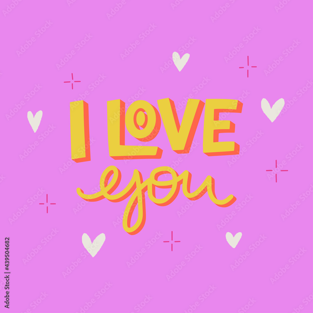 I love you handwritten inscription. Hand lettering romantic quote. 3d letters with doodle elements on pink background. Gift card, poster, print for t-shirt and apparel, sticker, label. Vector I love you handwritten inscription. Hand lettering romantic quote. 3d letters with doodle elements on pink background. Gift card, poster, print for t-shirt and apparel, sticker, label. Vector