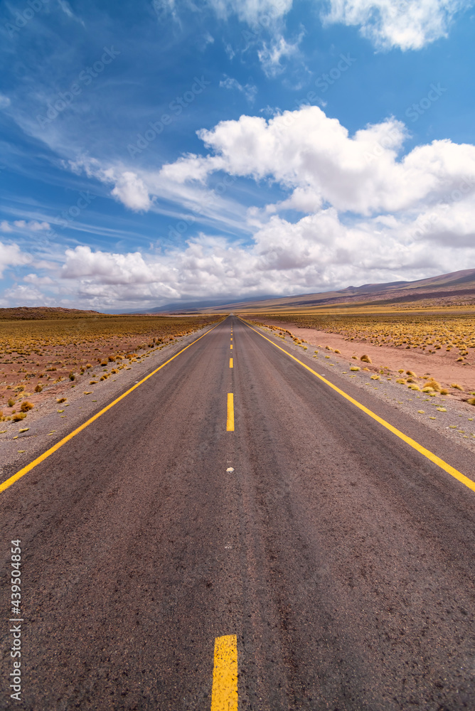 Straight asphalt roadway under cloudy blue sky in countryside Straight asphalt roadway under cloudy blue sky in countryside