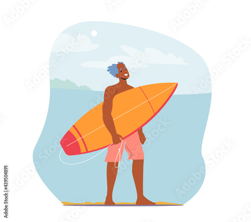 Senior Man Surfing Recreation, Character in Shorts on Ocean Beach with Surf Board in Hands. Sportsman Summer Sparetime