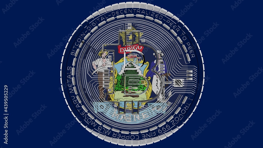 Large transparent Glass Bitcoin in center and on top of the US State Flag of Maine
