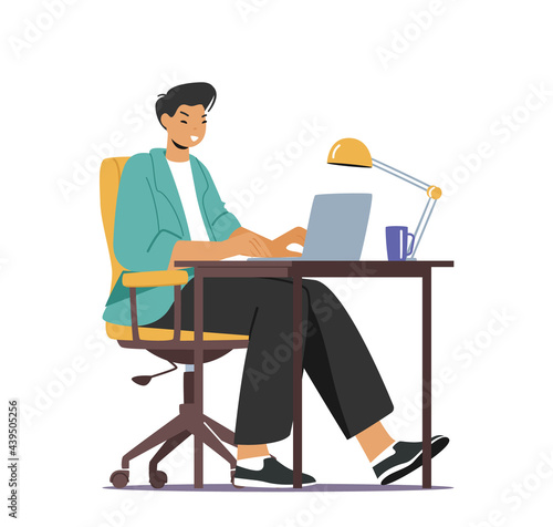 Young Asian Man Student Work on Laptop Sitting at Desk in Dormitory Room Typing Homework, Watch Lecture or Webinar