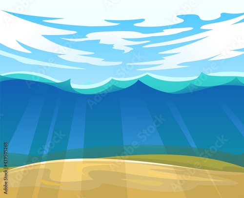 Sandy bottom of the reservoir. Blue transparent clear water. Sea ocean. Underwater landscape. Illustration in cartoon style. Flat design. Vector art