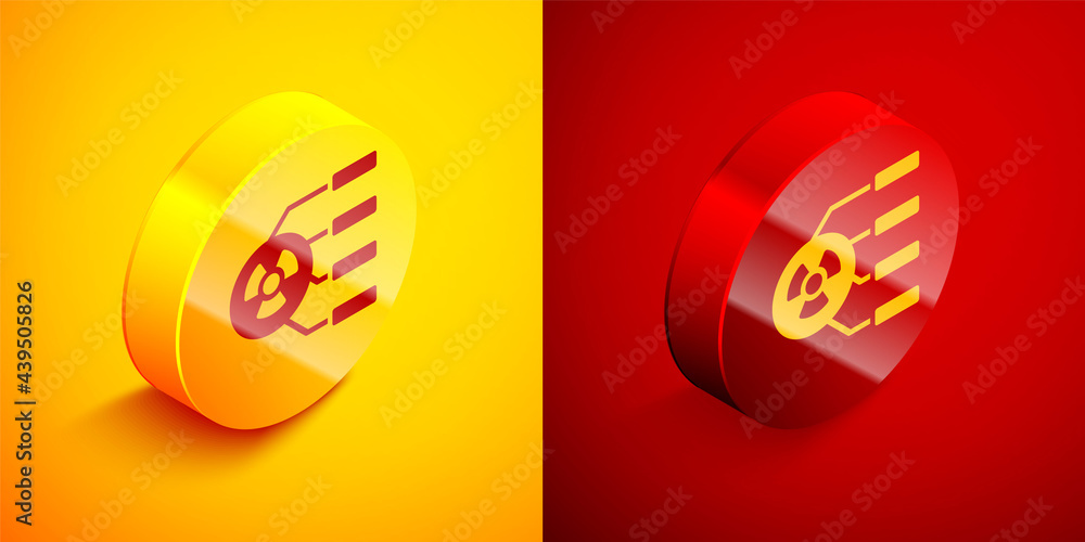 Isometric Radioactive icon isolated on orange and red background. Radioactive toxic symbol. Radiation hazard sign. Circle button. Vector Isometric Radioactive icon isolated on orange and red background. Radioactive toxic symbol. Radiation hazard sign. Circle button. Vector