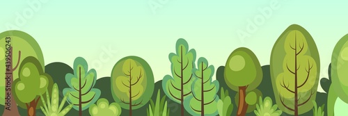 Flat forest. Horizontal seamless composition. Sky. Cartoon style. Funny green rural landscape. Level the game. Comic design. Cute scene with trees. Vector