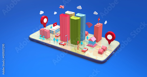 Metropolitan Smart City On Tablet Computer. Wireless Network. Cartoon Style. Technology Related 3D Illustration Render.