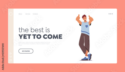 Man Show Positive Gesture Landing Page Template. Happy Male Character Show Thumbs Up, Satisfied Student Gesturing