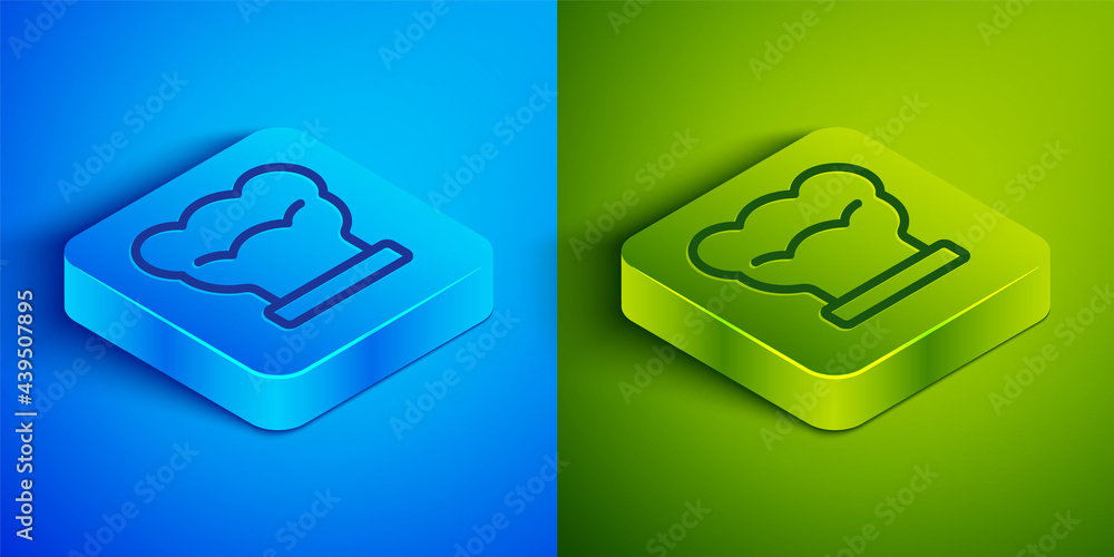 Isometric line Chef hat icon isolated on blue and green background. Cooking symbol. Cooks hat. Square button. Vector Isometric line Chef hat icon isolated on blue and green background. Cooking symbol. Cooks hat. Square button. Vector