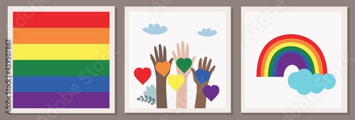 Set of three vector illustrations of LGBT community. Hands of different colors with rainbow hearts and rainbows. LGBTQ symbolism and colors. Human rights and tolerance. Happy Pride Month