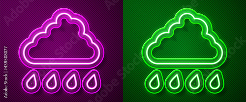 Glowing neon line Cloud with rain icon isolated on purple and green background. Rain cloud precipitation with rain drops. Vector