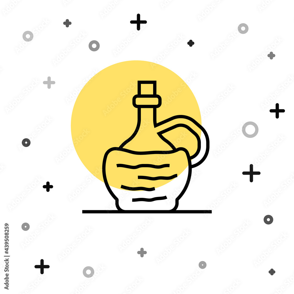 Black line Wine in italian fiasco bottle icon isolated on white background. Wine bottle in a rattan stand. Random dynamic shapes. Vector Black line Wine in italian fiasco bottle icon isolated on white background. Wine bottle in a rattan stand. Random dynamic shapes. Vector