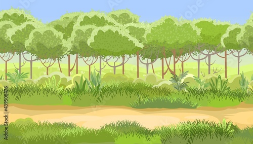 Road at the edge of the forest. Sky. Herbaceous green thickets and bushes. Beautiful and graceful landscape. Flat style. Cartoon design. Vector