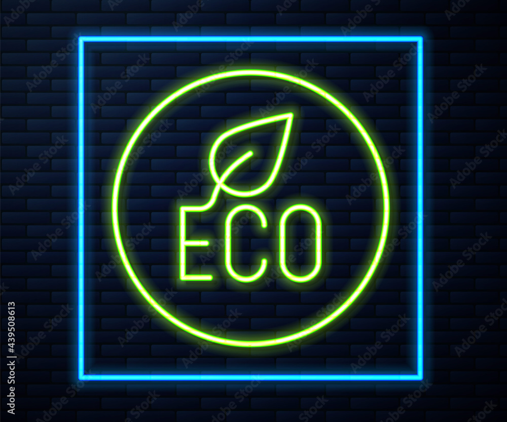 Glowing neon line Leaf Eco symbol icon isolated on brick wall background. Banner, label, tag, logo, sticker for eco green. Vector Glowing neon line Leaf Eco symbol icon isolated on brick wall background. Banner, label, tag, logo, sticker for eco green. Vector
