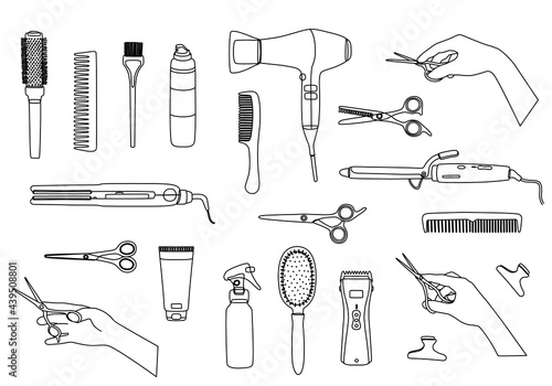 Black outline of hairdressing tools and hands, hair dryer, scissors, curling iron, combs. Hair salon accessories for design, business cards and logos, vector with editable stroke